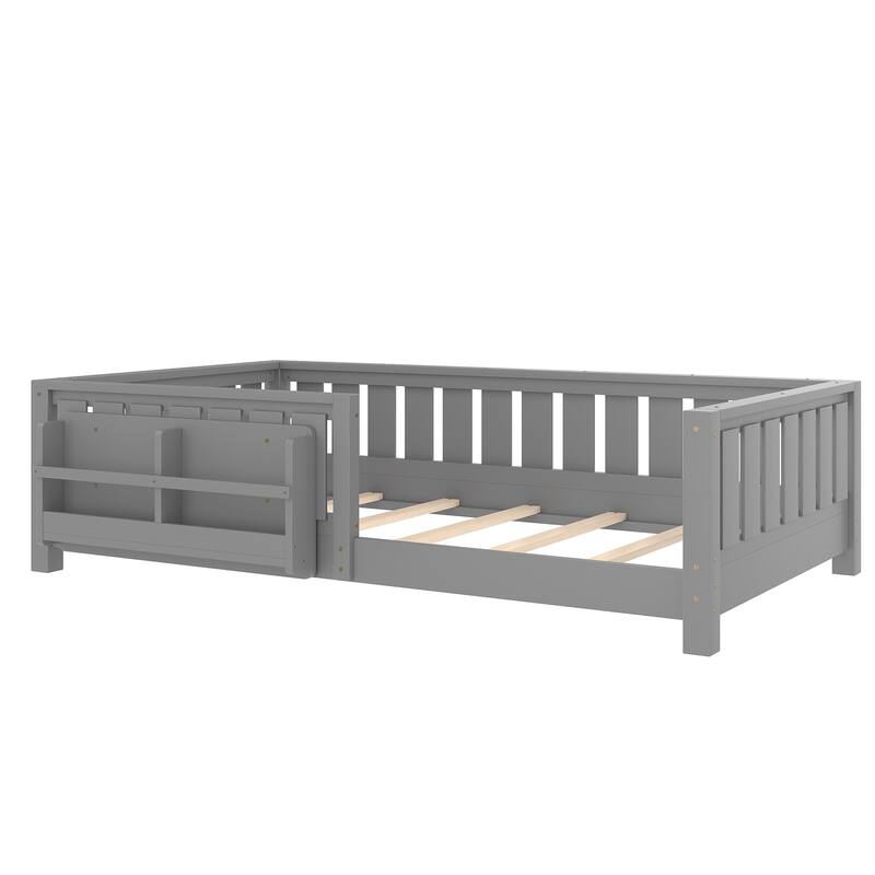 Montessori Floor Bed Low Profile Kids Bed with Rails & Bookshelf
