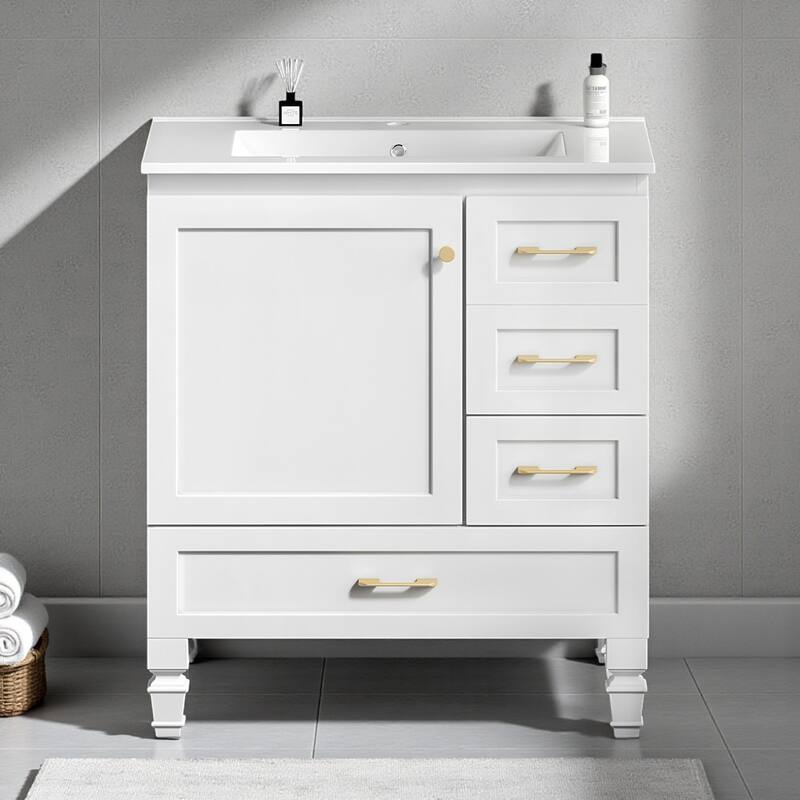 30" Bathroom Vanity Cabinet with Soft-Close Door & 3 Drawers, MDF Storage Vanity for Modern & Transitional Bathrooms - White