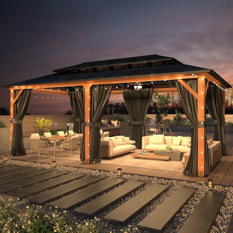 EROMMY Outdoor Wood Gazebo with Double Polycarbonate Roof, Heavy Duty Backyard Patio Pergola Canopy for Garden Shade