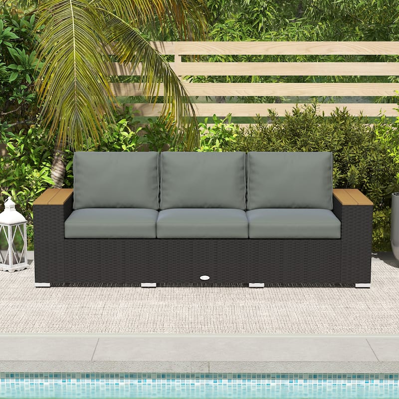 Outsunny 3-Seat Patio Sofa with Cushions, PE Rattan Outdoor Couch with Wood Grain Wide Armrests for Porch