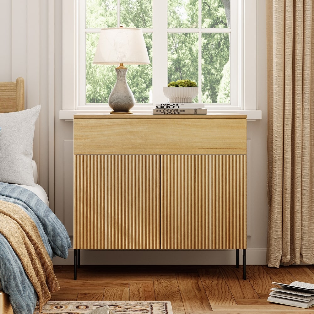 Modern Minimalist Nightstand,31.5" Wood End Table,Reeded Design Bedside Table