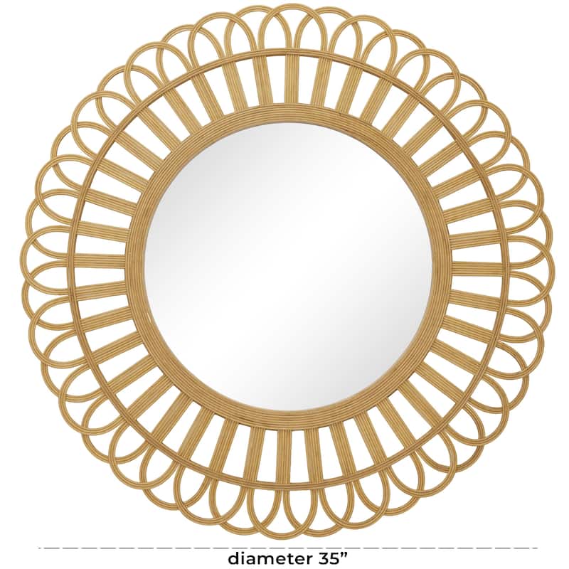 Bamboo Wood Floral Handmade Woven Wall Mirror with Beaded Accents - Brown - Roche River Decor
