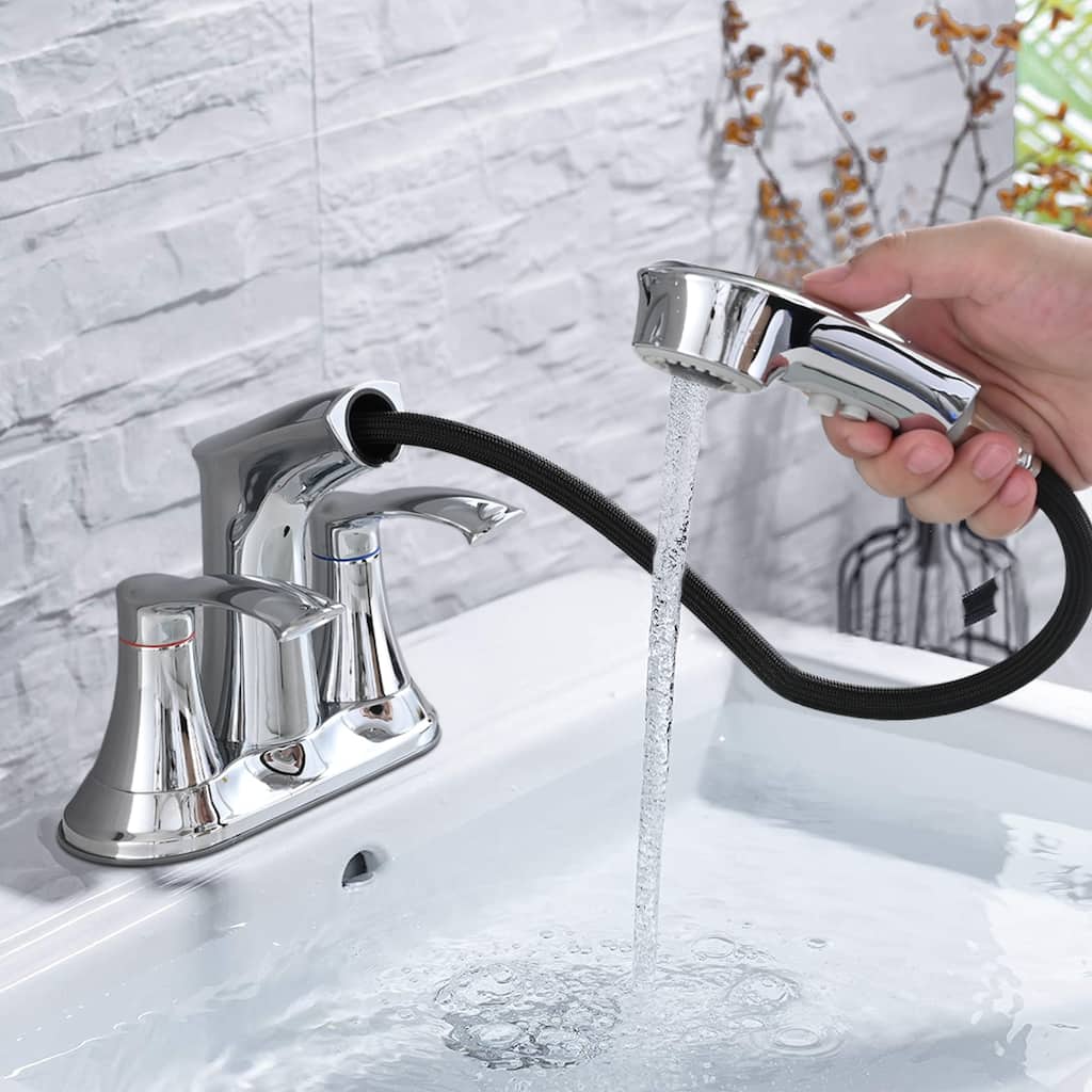 2 Handle Bathroom Sink Faucet with Pull Down Sprayer and Removable Aerator, Solid Brass Valve, Anti Fingerprint and Anti Rust