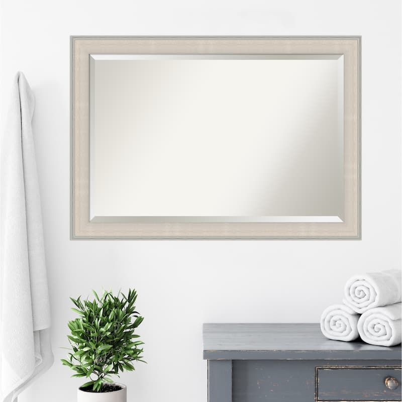 Cottage White Silver Beveled Wood Framed Bathroom Vanity Wall Mirror - Cottage White Silver