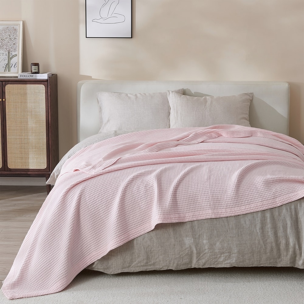 Linery & Co. 100% Cotton All-Season Lightweight Waffle Weave Knit Throw Blanket