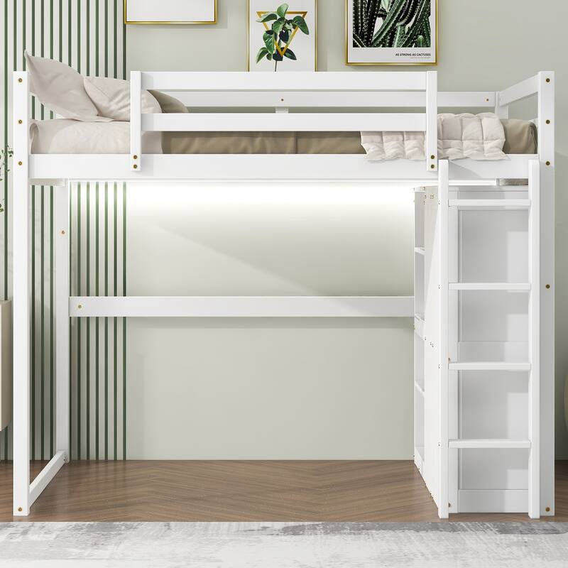 Full Size Loft Bed with Wardrobe, Storage Shelves, and LED Light in White