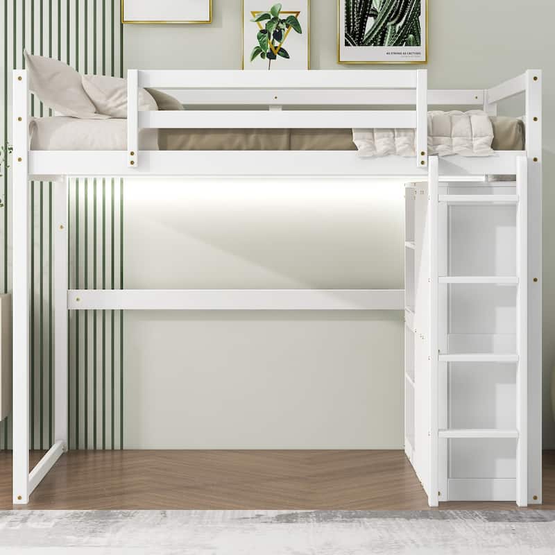 Modern Full Size Loft Bed with Built-in Wardrobe and Storage Shelves