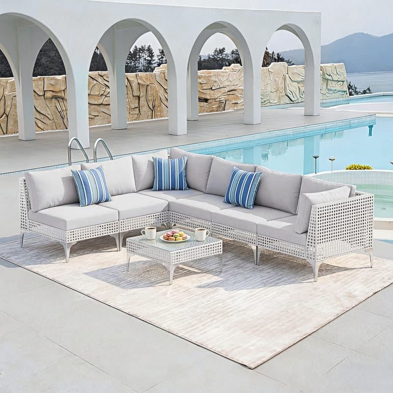 FINCATI Modern Patio Furniture Set with Table, Outdoor Wicker Sectional Seating Group With Cushions - 7 PCS-Light Grey