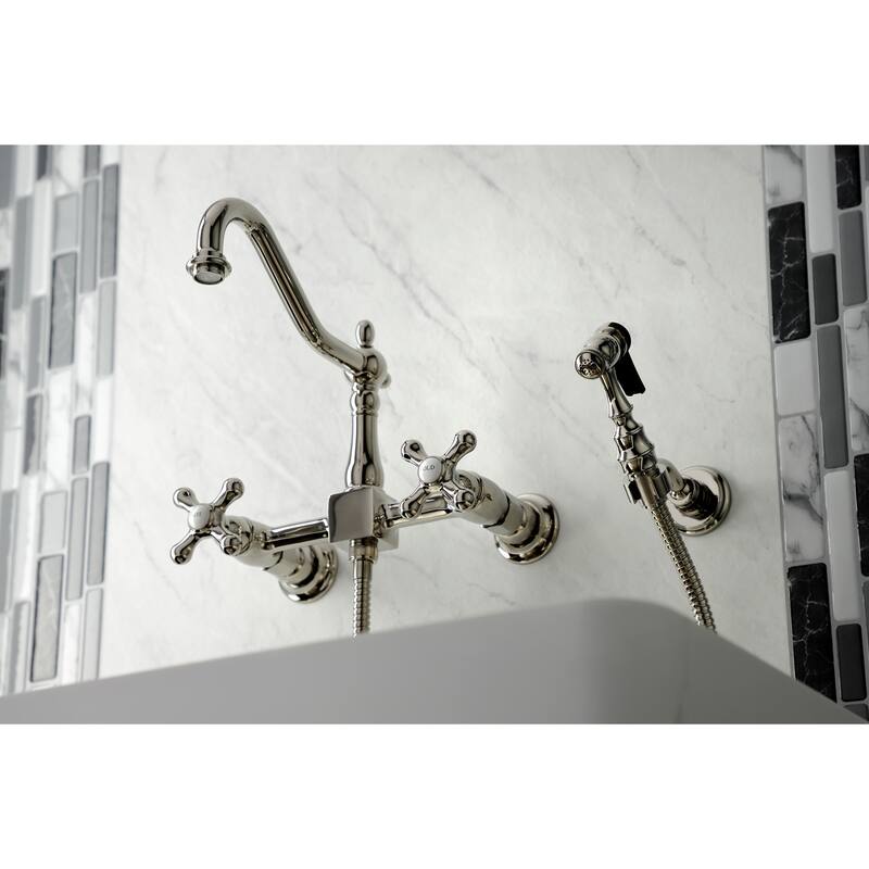 Heritage Two-Handle Wall Mount Bridge Kitchen Faucet with Brass Sprayer