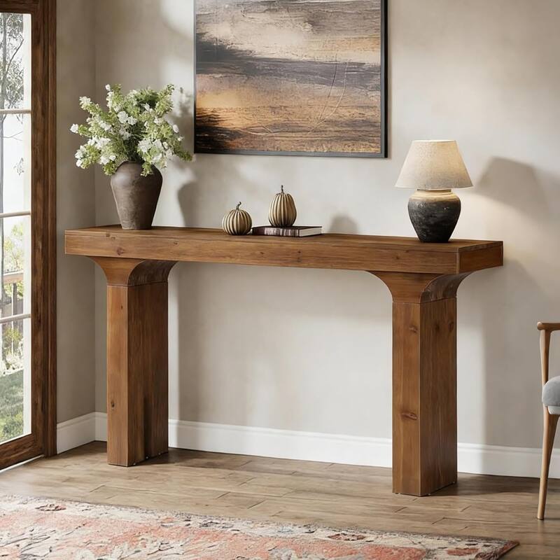 Solid Wood Console Table, 59" Farmhouse Entryway Sofa Table Behind The Couch - 59" L x 12" W x 32" H - Dark Wood