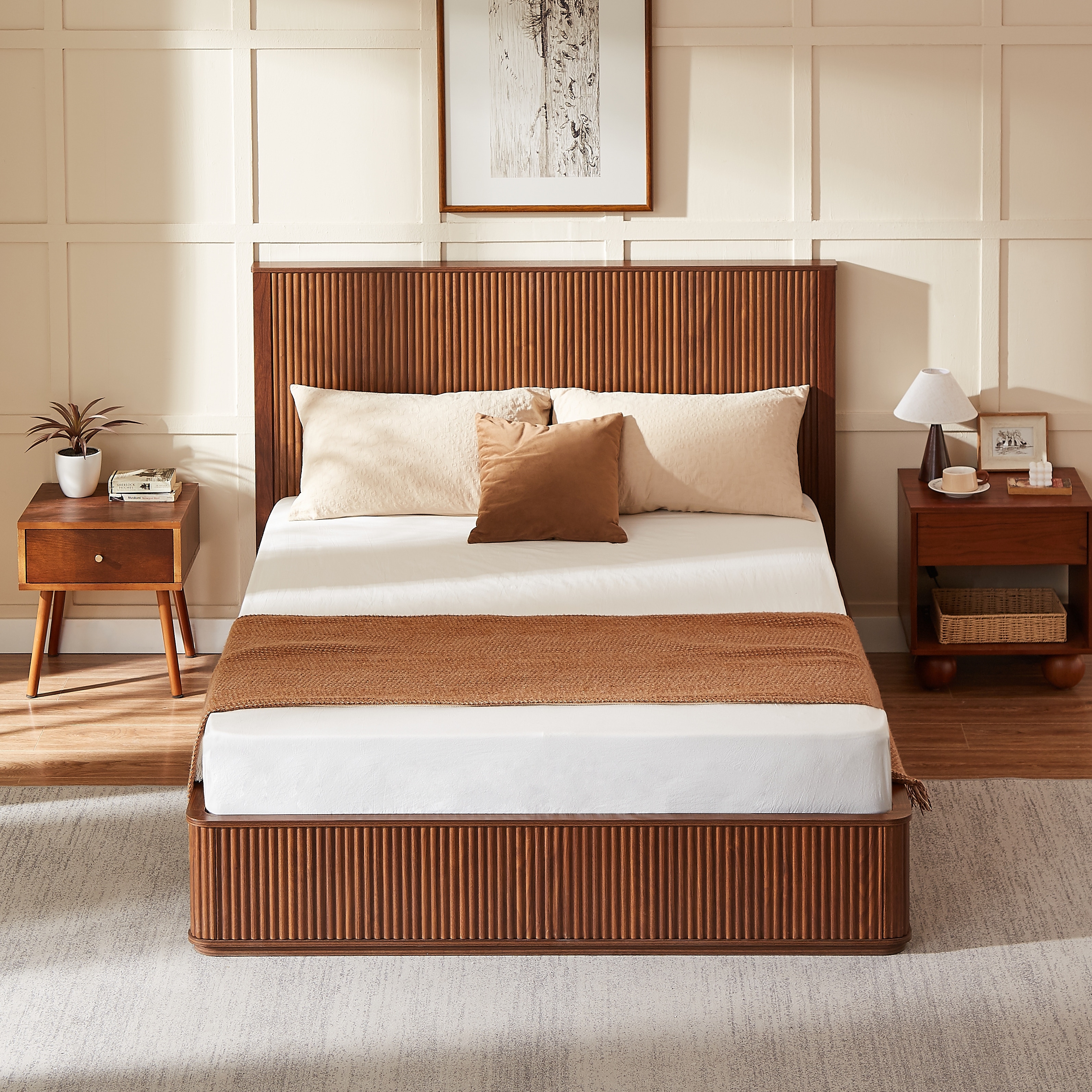 Queen Platform Bed Frame with Wood Headboard & Slat