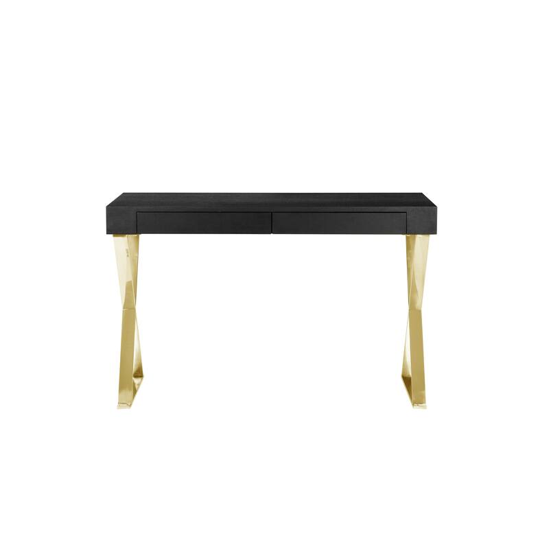 Ada Office Desk, 2 Drawers, Black Wood and Gold X Steel Legs, 47 Inch