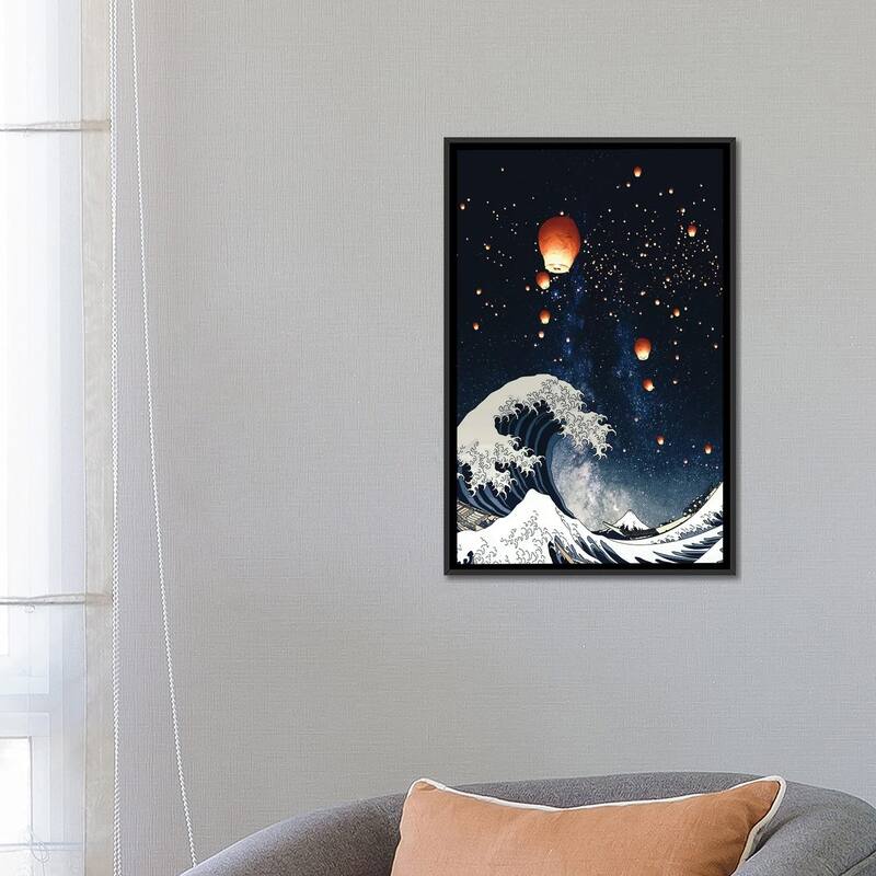 iCanvas "The Big Wave And Japanese Lanterns In Night Sky" by GEN Z Framed Canvas Print
