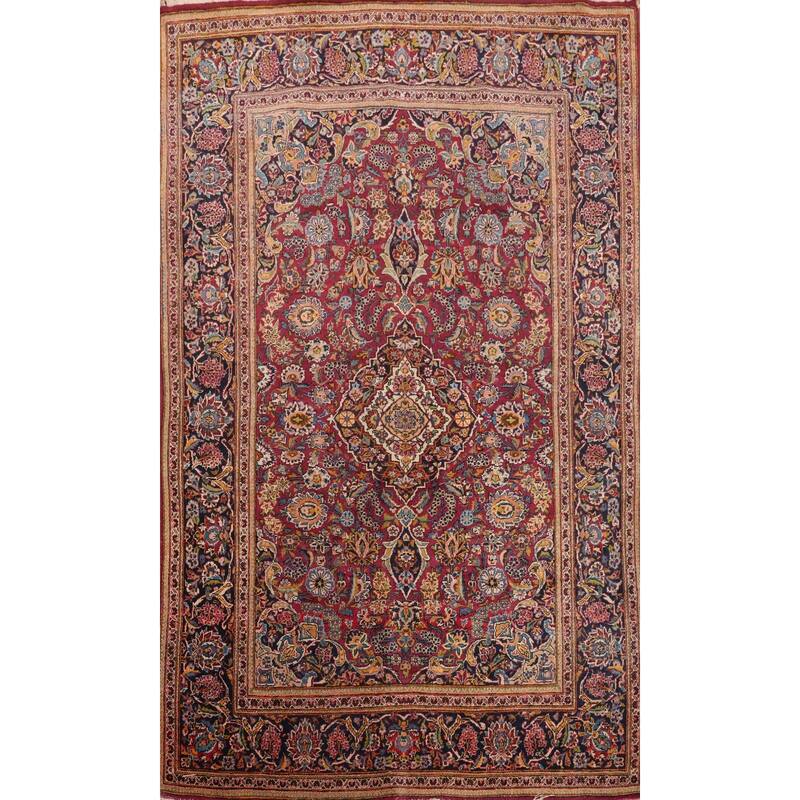 Hand Knotted Oriental 100% Wool Carpet Traditional Floral Red Kashan (Dabir) Area Rug - 6' 6'' X 4' 4''