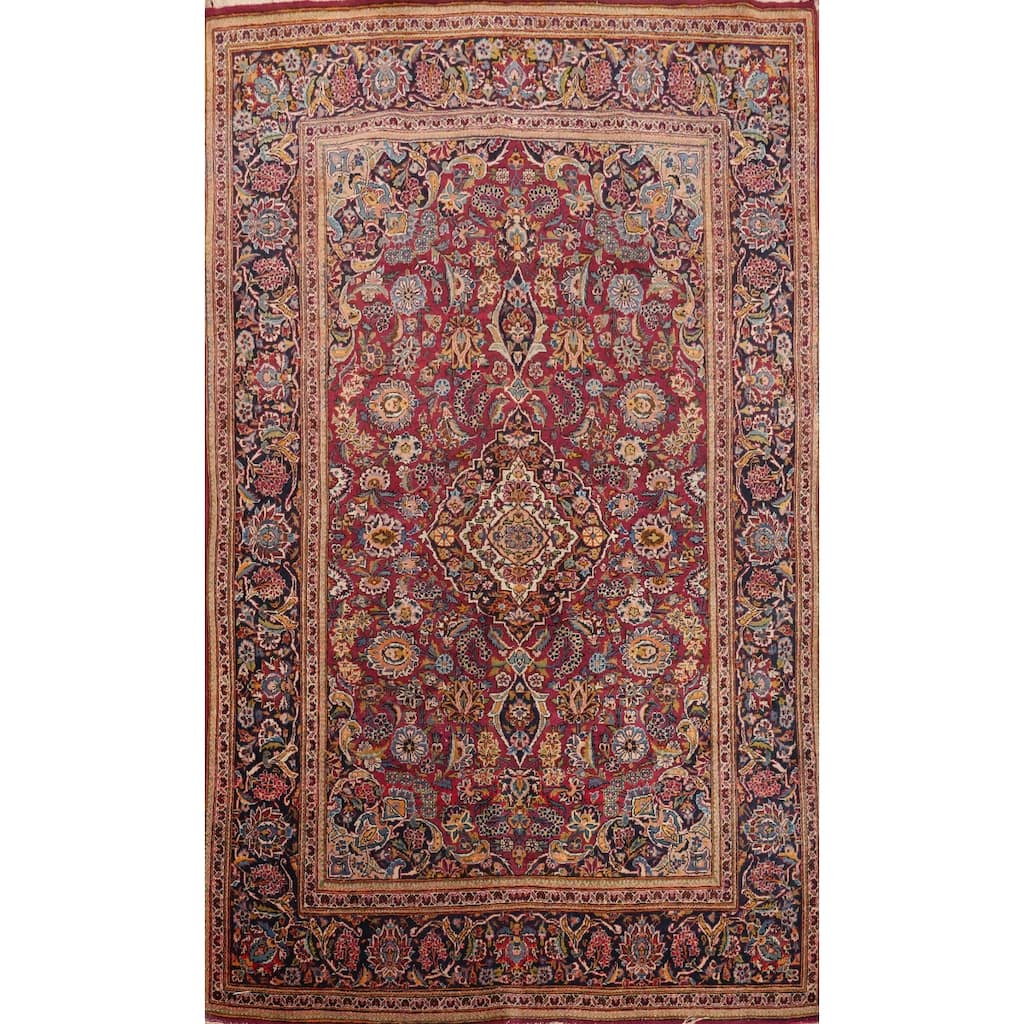 Hand Knotted Oriental 100% Wool Carpet Traditional Floral Red Kashan (Dabir) Area Rug - 6' 6'' X 4' 4''