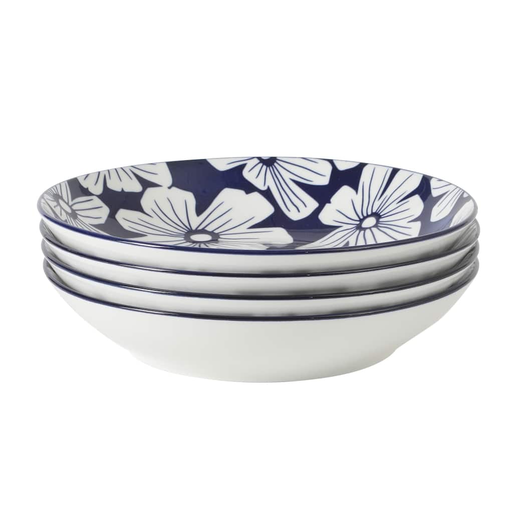 Gibson Home Heritage Sky 4-Piece Pasta Bowl Set, 8 Inch Stoneware Bowls, Blue & White Floral Design, Decorative Everyday Use