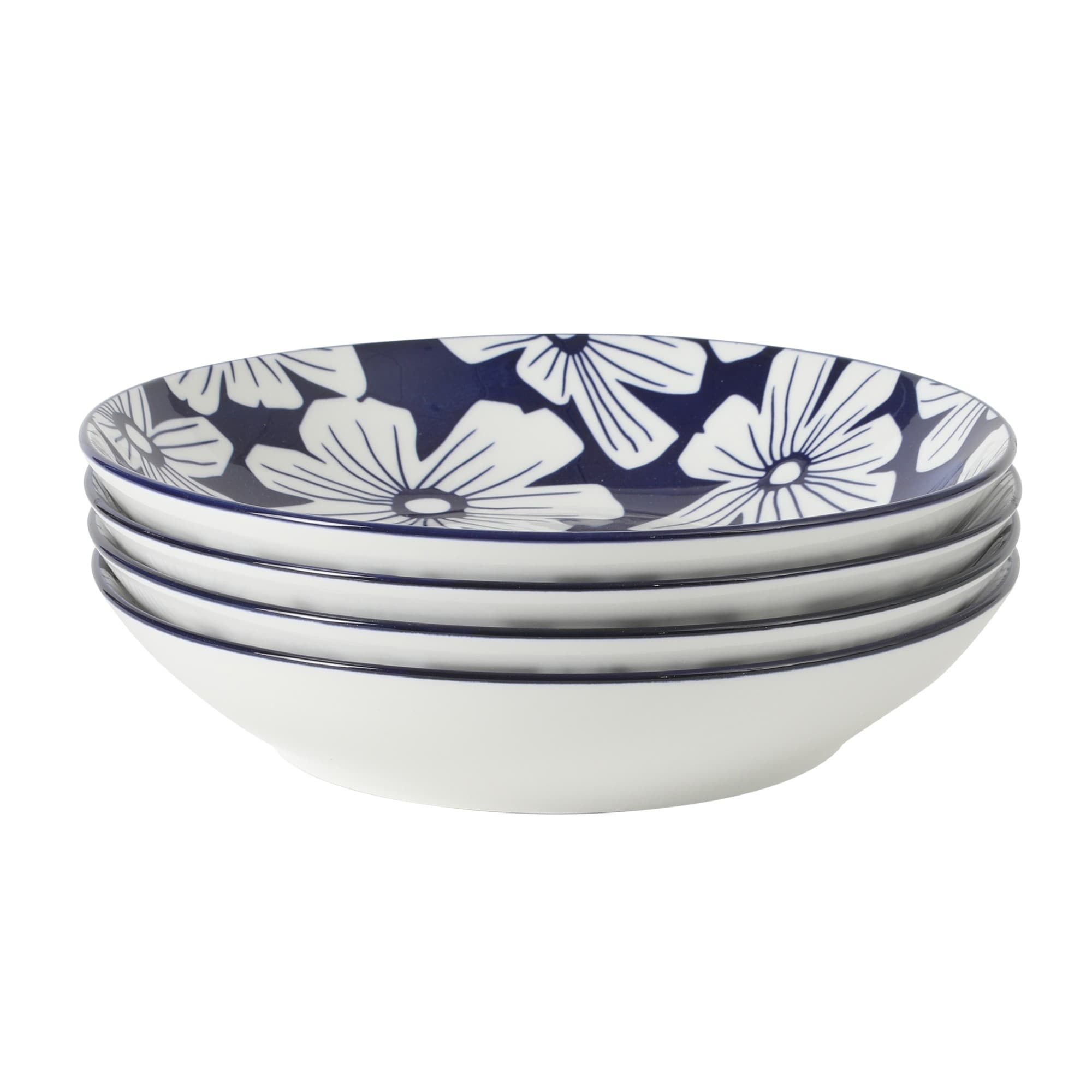 Gibson Home Heritage Sky 4-Piece Pasta Bowl Set, 8 Inch Stoneware Bowls, Blue & White Floral Design, Decorative Everyday Use