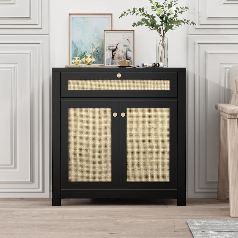 Black Rattan Cabinet with Drawer and 2 Doors Accent Cabinet with Adjustable Shelves - Black