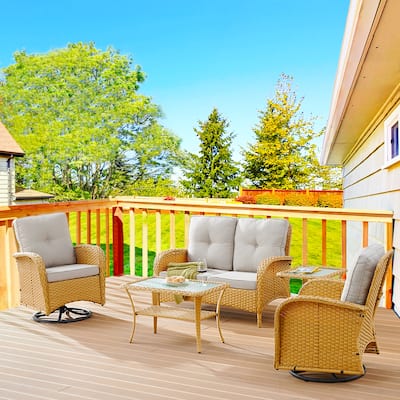 2 Glider Chairs with Rattan Sofa Set - Yellow