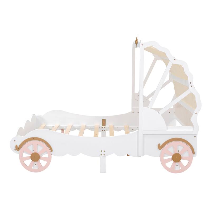 Full Size Princess Carriage Bed with Canopy, Wood Platform Car Bed with