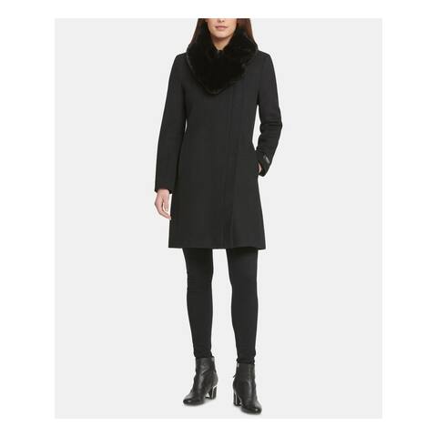 DKNY Womens Black Faux Fur Button Down Coat Size PL