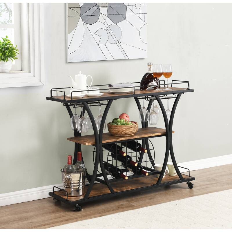 Industrial Style Kitchen Bar Cart, Serving Cart with Wheels, Wine Glass