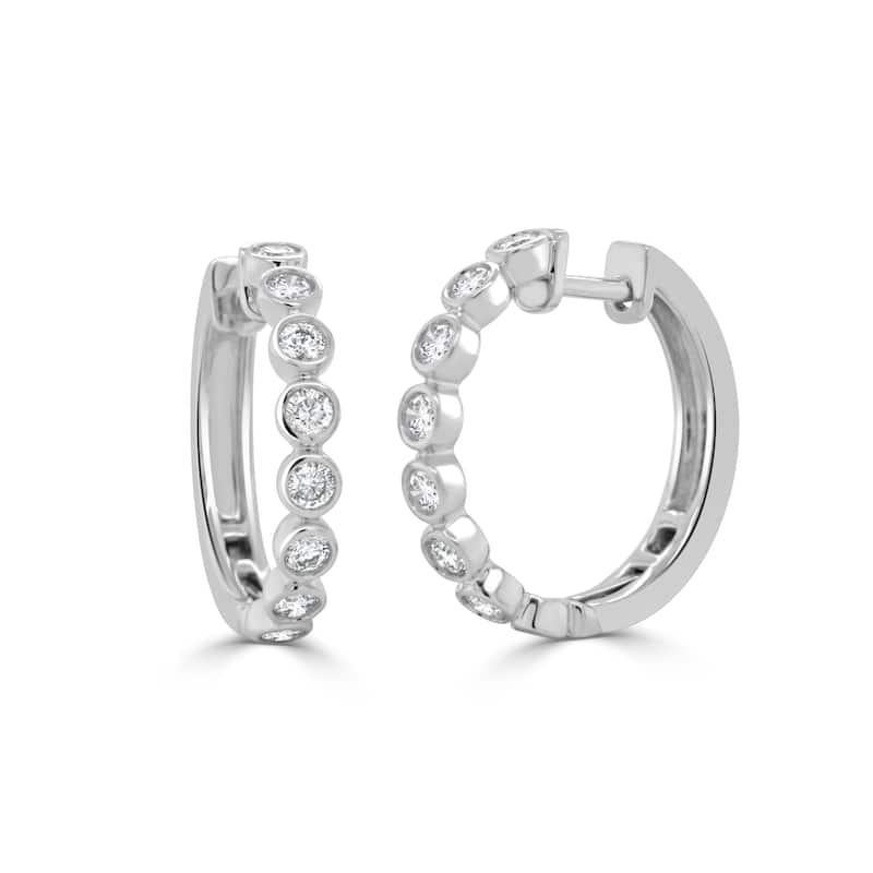 Joelle Collection 14K Yellow Gold Diamond Bezel Set Huggie Earrings 0.75" - White