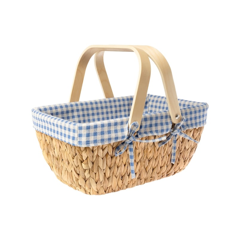 Wicker Basket with Wood Handle, Water Hyacinth Basket for Easter, Gift, Picnic - 15"D x 9.75"W x 7"H - Blue