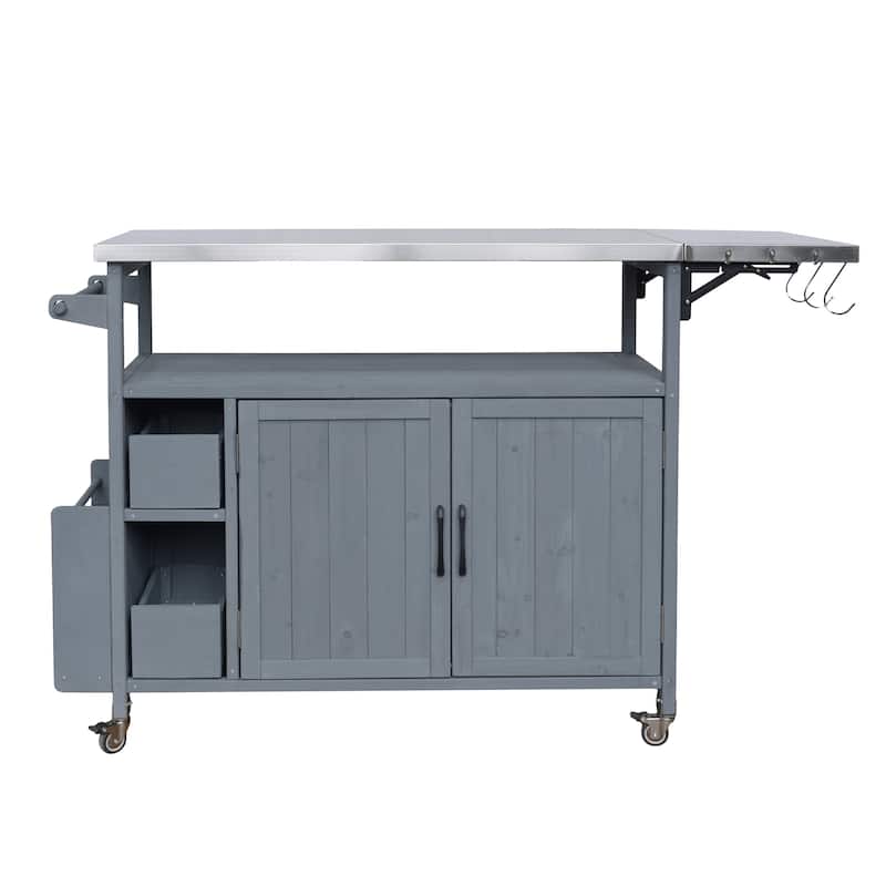 Christopher Knight Home - 54.33" Solid Wood Mobile Outdoor Kitchen Cart with Stainless Steel Top & Spice Rack & Lockable Wheels