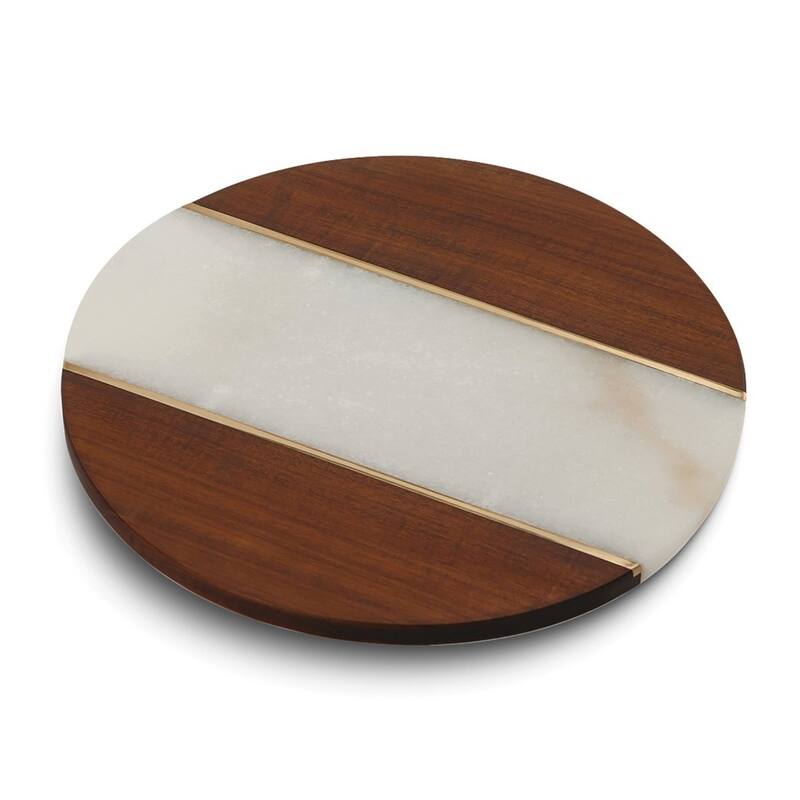 Curata Campello Lazy Susan Acacia Wood Brass and White Marble Board