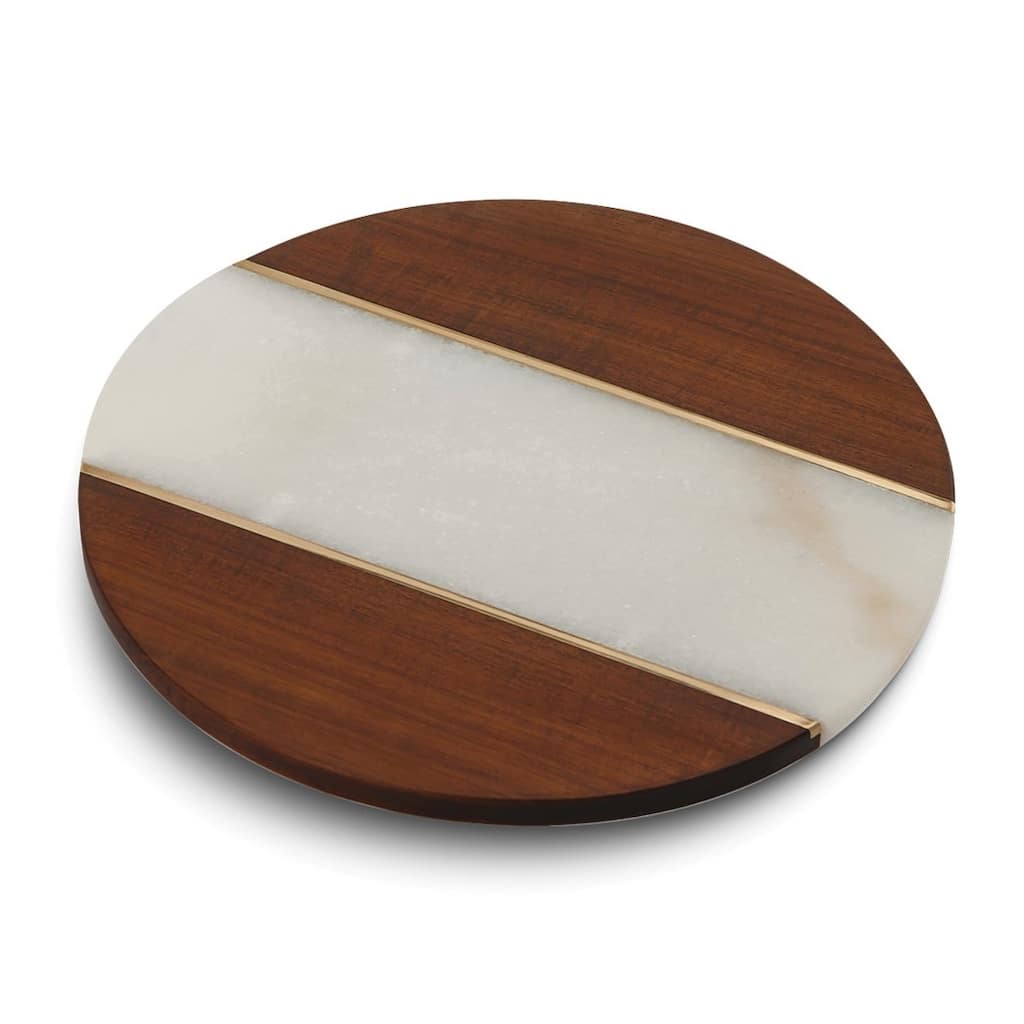 Curata Campello Lazy Susan Acacia Wood Brass and White Marble Board