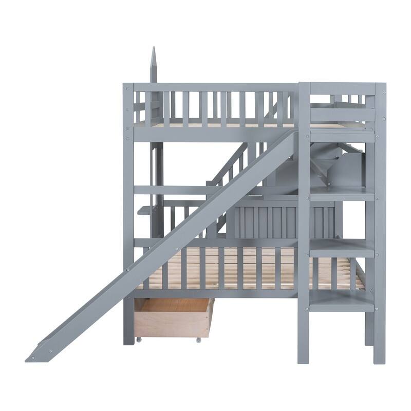 Full-Over-Full Castle Style Bunk Bed with Drawers, Shelves, Slide