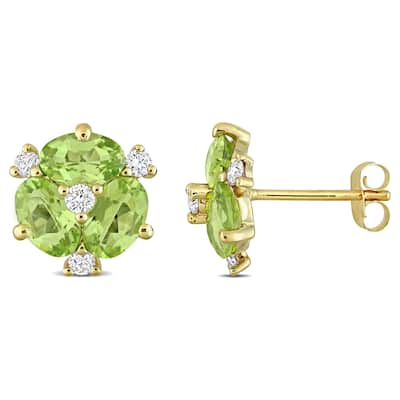 Miadora Oval-cut Peridot and 1/5ct TDW Diamond Floral Stud Earrings 14k Yellow Gold