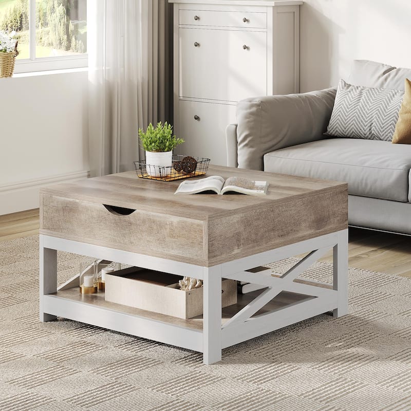 Moasis Farmhouse Lift Top Square Coffee Table with Storage and Shelf