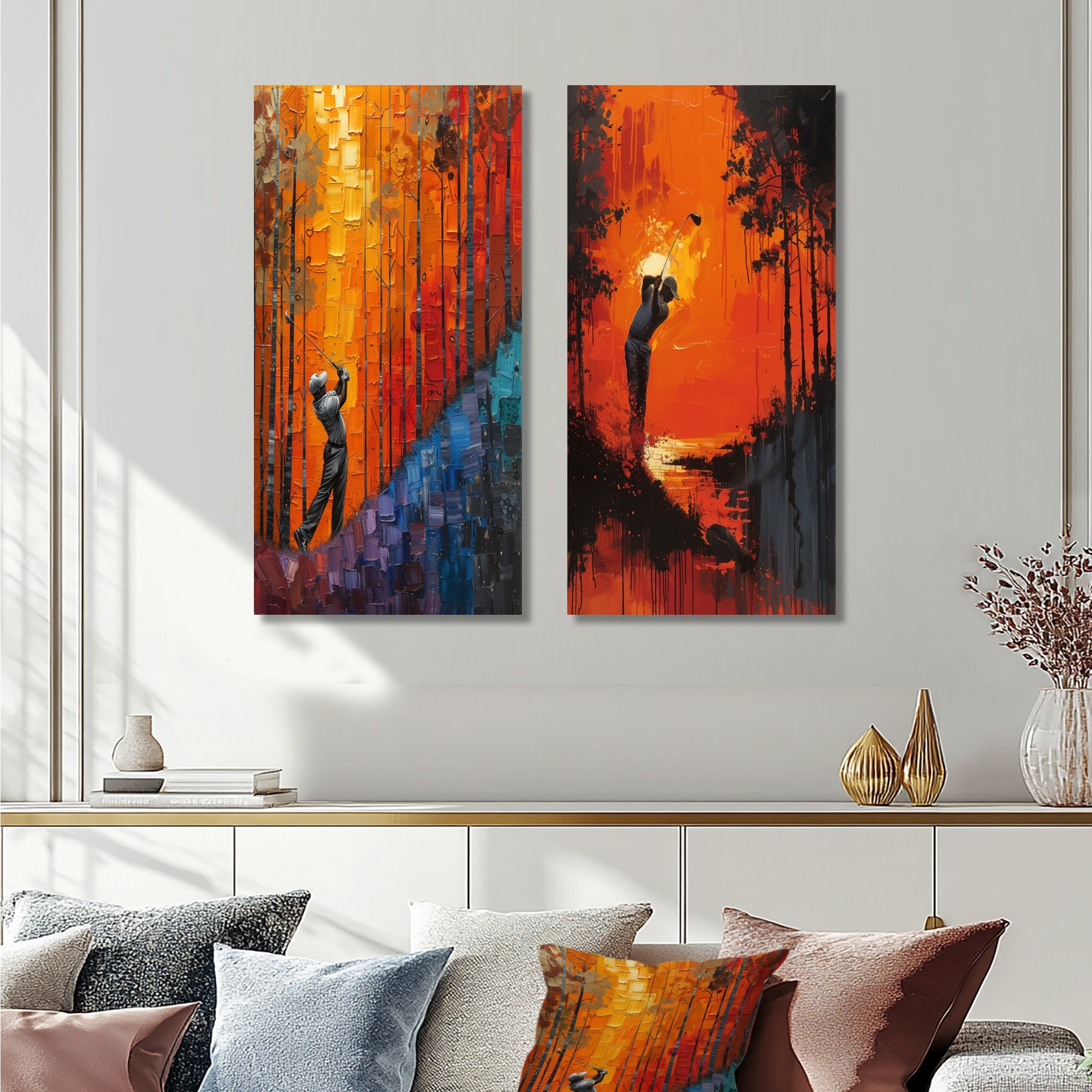 Designart - Yellow Red Golfing Heritage Country Club I - Golf Wall Art Set  Of 2 - Modern Canvas Wall Decor 2 Pieces, image size:2000x2000