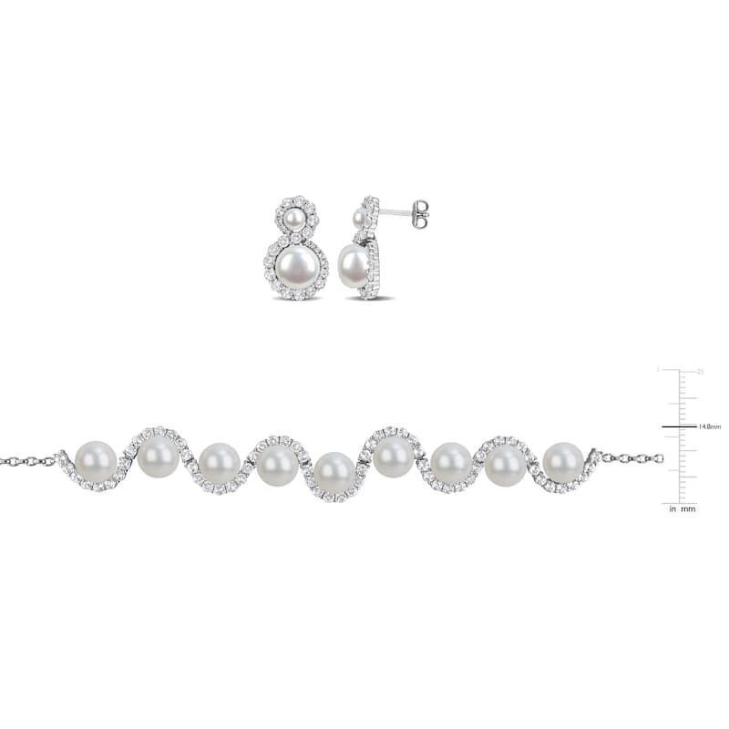 Miadora Cultured Freshwater Pearl 5.9ct TGW White Topaz Necklace Earrings Set Sterling Silver