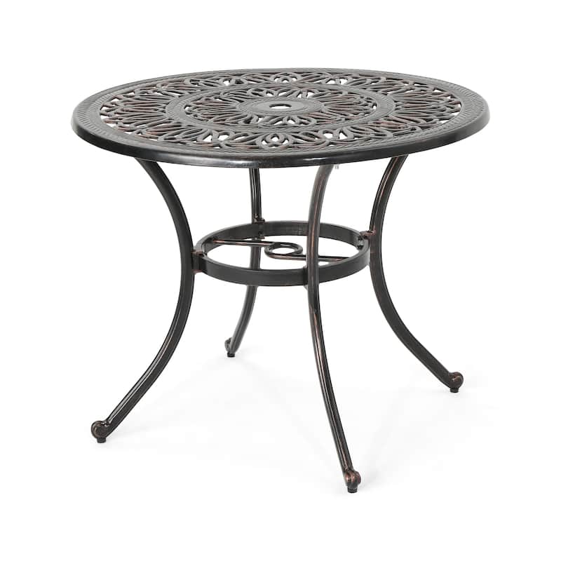 Roomfitters Outdoor Round Cast Aluminum Dining Table in Shiny Copper, Elegant Design with Intricate Patterns