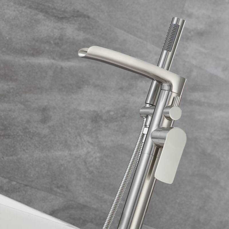 Brushed Nickel Double Handle Floor Mounted Freestanding Tub Filler with Handshower