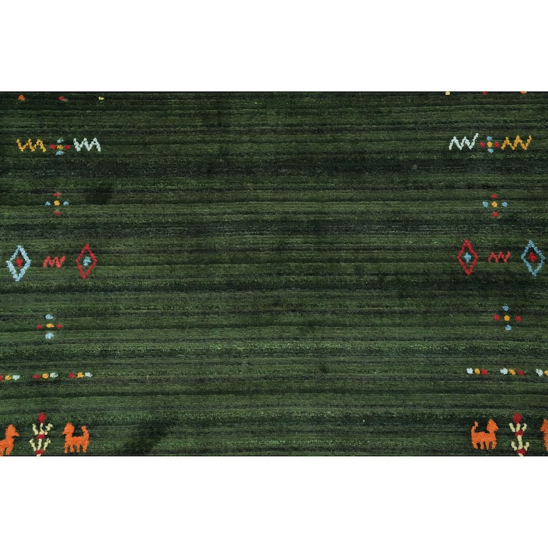 Hand Knotted Oriental Viscose Silk Carpet Tribal Animal Pictorial Green Gabbeh Runner Rug - 7' 6'' X 3' 0''