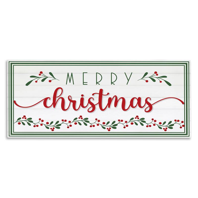 Stupell Merry Christmas Phrase Festive Floral Holly Detail Canvas Wall Art - 10 x 24