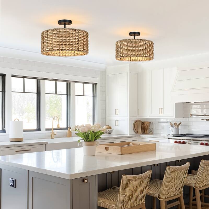 Lennie 3-Light Rattan Drum Semi-Flush Mount Ceiling Light - 16'' W