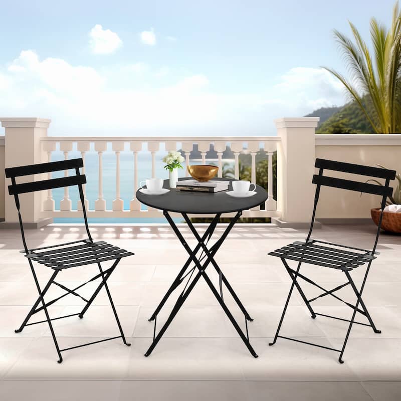 EROMMY 3-Piece Bistro Set Outdoor Patio Furniture, Foldable Garden Table and Chairs, Rust-Resistant, Lightweight for Balcony - Black