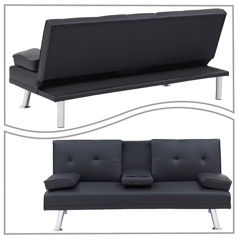 Classic PVC Leather Upholstered Convertible Futo Sofa Bed with Cup Holders