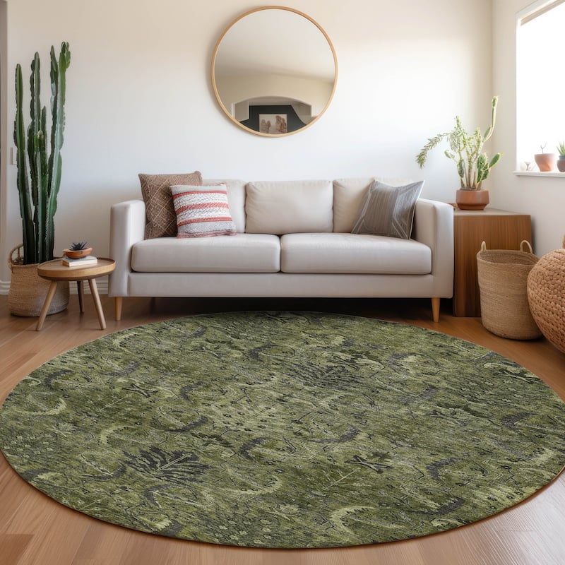 Machine Washable Indoor/ Outdoor Boho Traditional Chantille Rug - Olive - 8' x 8'