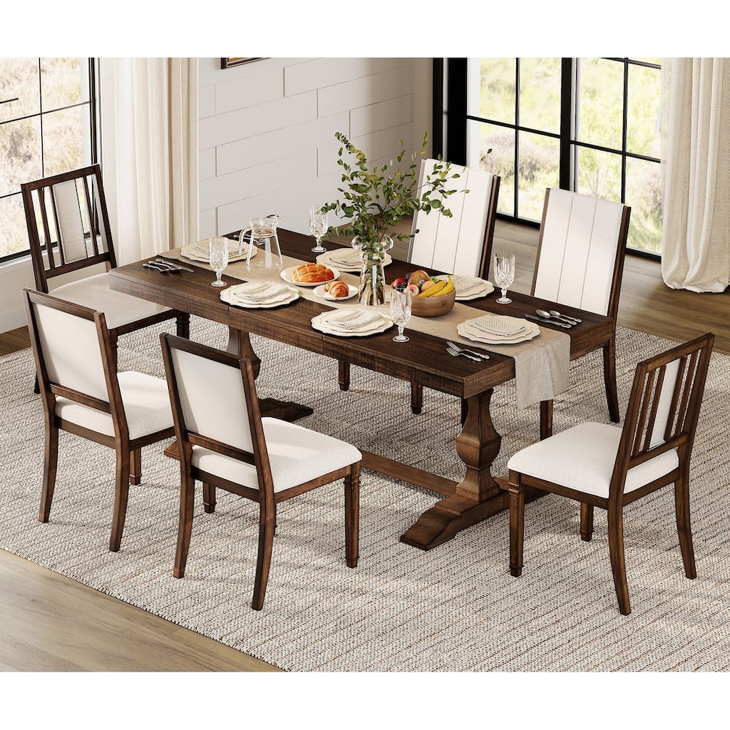 7-pieces Farmhouse Dining Table Set for 6, 74.8" Kitchen Table with Chairs, Solid Wood Legs and Upholstered Back
