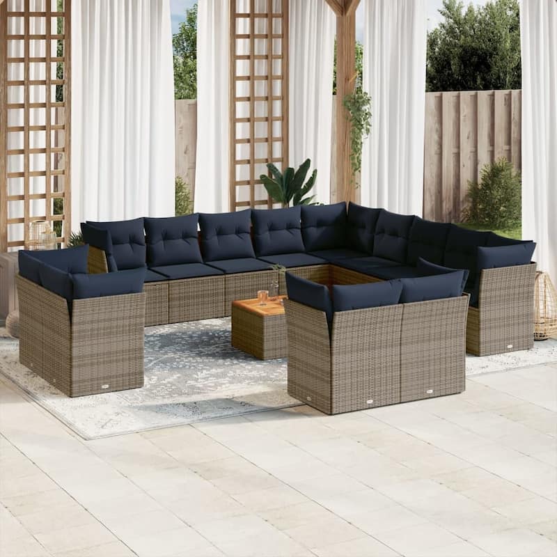vidaXL 14 Piece Patio Sofa Set with Cushions Grey Poly Rattan - 24.4x 24.4x 27.2
