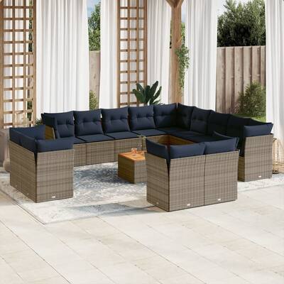 vidaXL 14 Piece Patio Sofa Set with Cushions Grey Poly Rattan - 24.4x 24.4x 27.2