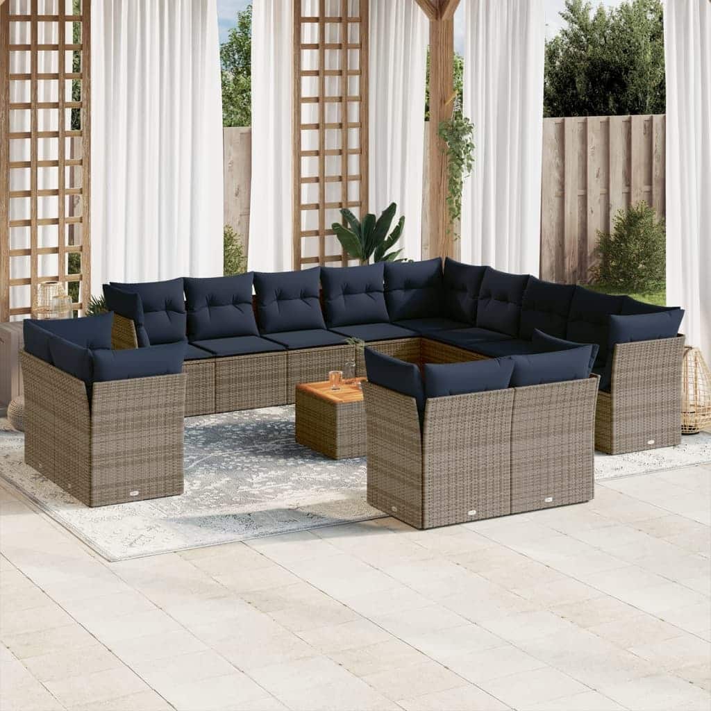 vidaXL 14 Piece Patio Sofa Set with Cushions Grey Poly Rattan - 24.4x 24.4x 27.2