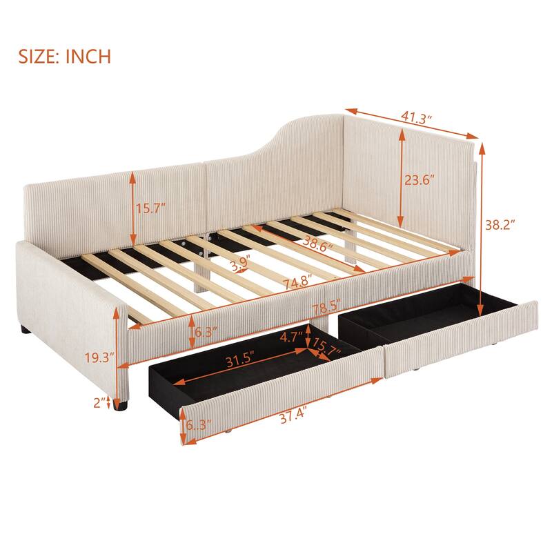 Twin Size Daybed with 2 Drawers, Corduroy Upholstered Daybed