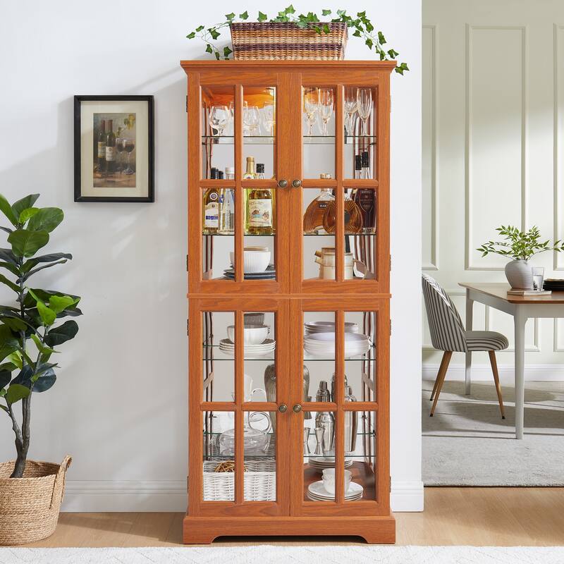 Curio Display Cabinet, Antique Display Cabinet with Glass Doors Adjustable Shelves Four Door Design Vintage Showcase